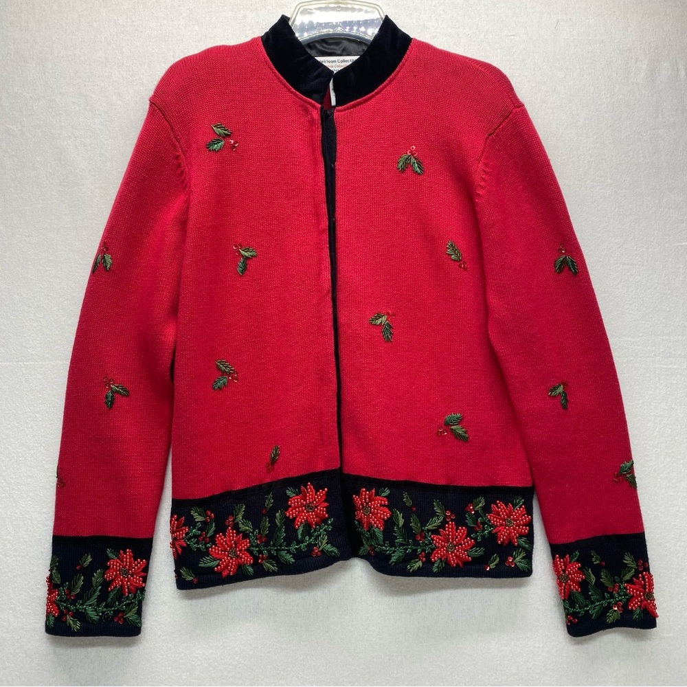 Heirloom Collectibles M Christmas Sweater Cardigan Snap Front Embroidery Sequins
